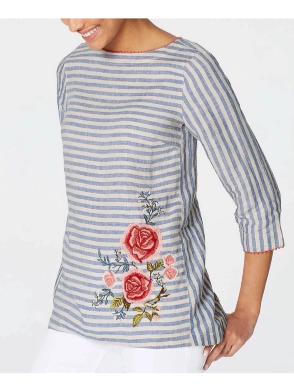 J. Jill Blue and White Striped Embroidered Floral Boatneck Top